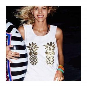 PINK Victoria's Secret White tank top with Gold pineapples Size M